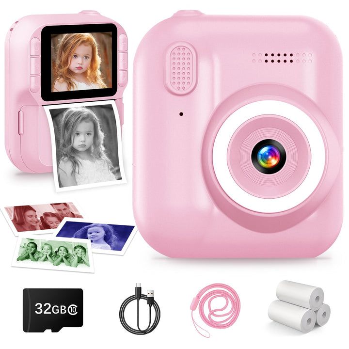 Kinderkamera Sofortbildkamera, 1080P Sofortbildkamera Kinder mit 32GB Karte & 3 Rollen Druckpapier,