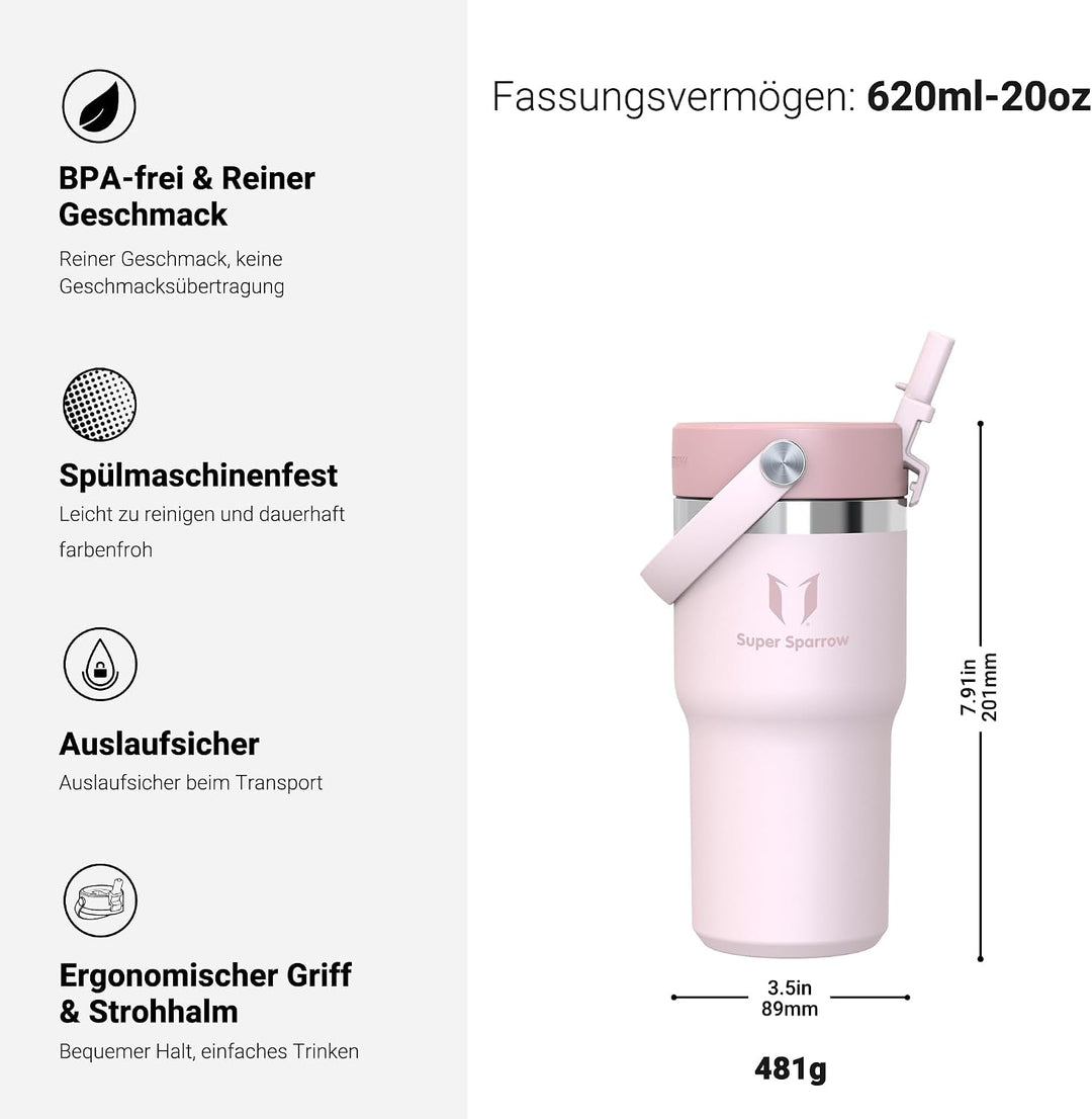 Sparrow Trinkflasche Edelstahl - Twistpath Thermosflasche mit Flex-Strohhalmdeckel - 620ml - BPA-fre