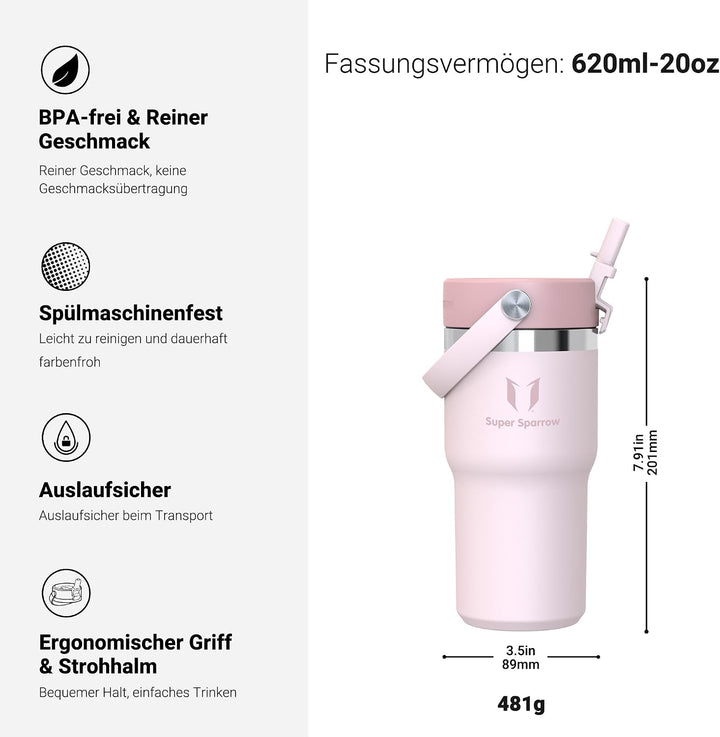 Sparrow Trinkflasche Edelstahl - Twistpath Thermosflasche mit Flex-Strohhalmdeckel - 620ml - BPA-fre