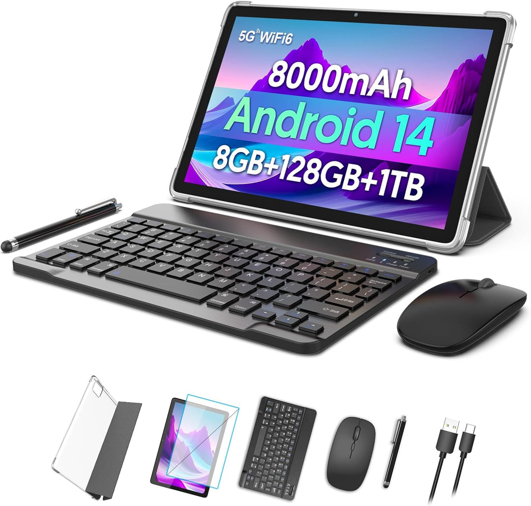 BAKEN Android 14 Tablet mit Tastatur, 10.1-inch, 128GB ROM+ 8GB RAM, 8000mAh Battery, Octa-Core, 2MP
