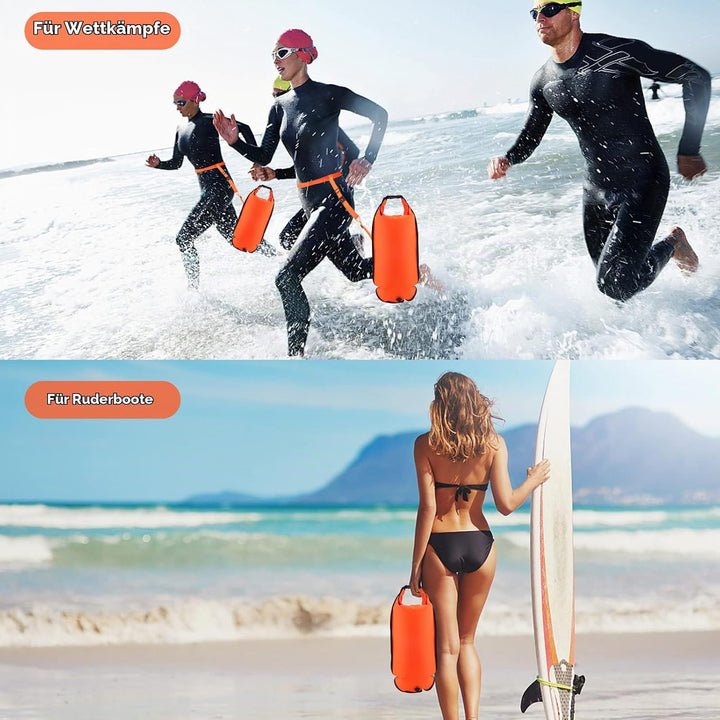 Schwimmboje, 20L Trockensack, Zwei Kammern, Aufblasbare Schwimmhilfe mit Wasserdichter Handytasche,