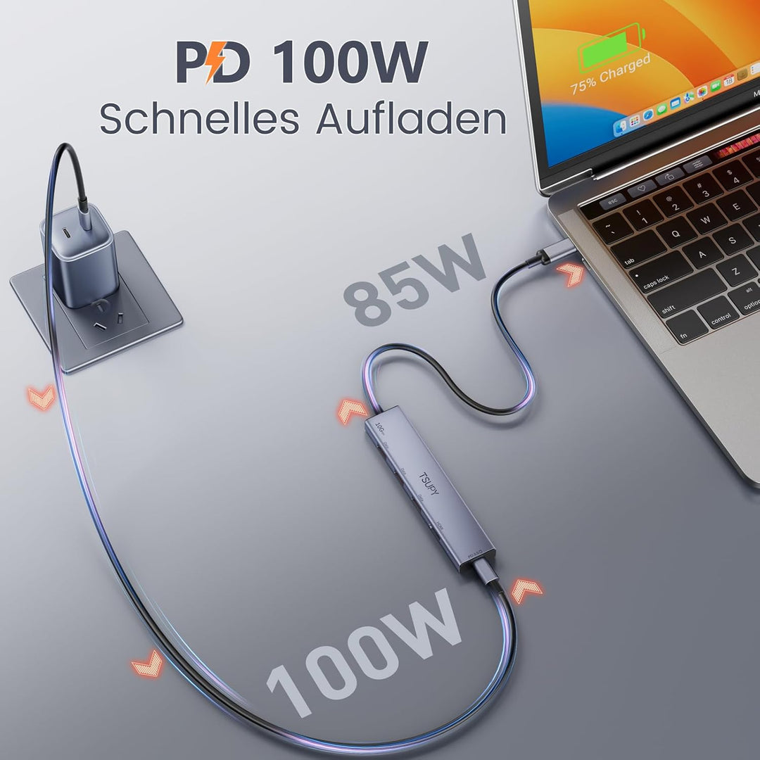 TSUPY 10Gbps USB C Hub PD 100W, 4K@ 60Hz HDMI, 3*USB-A 10Gbps, Aluminium USB Hub c Adapter Kompatibe