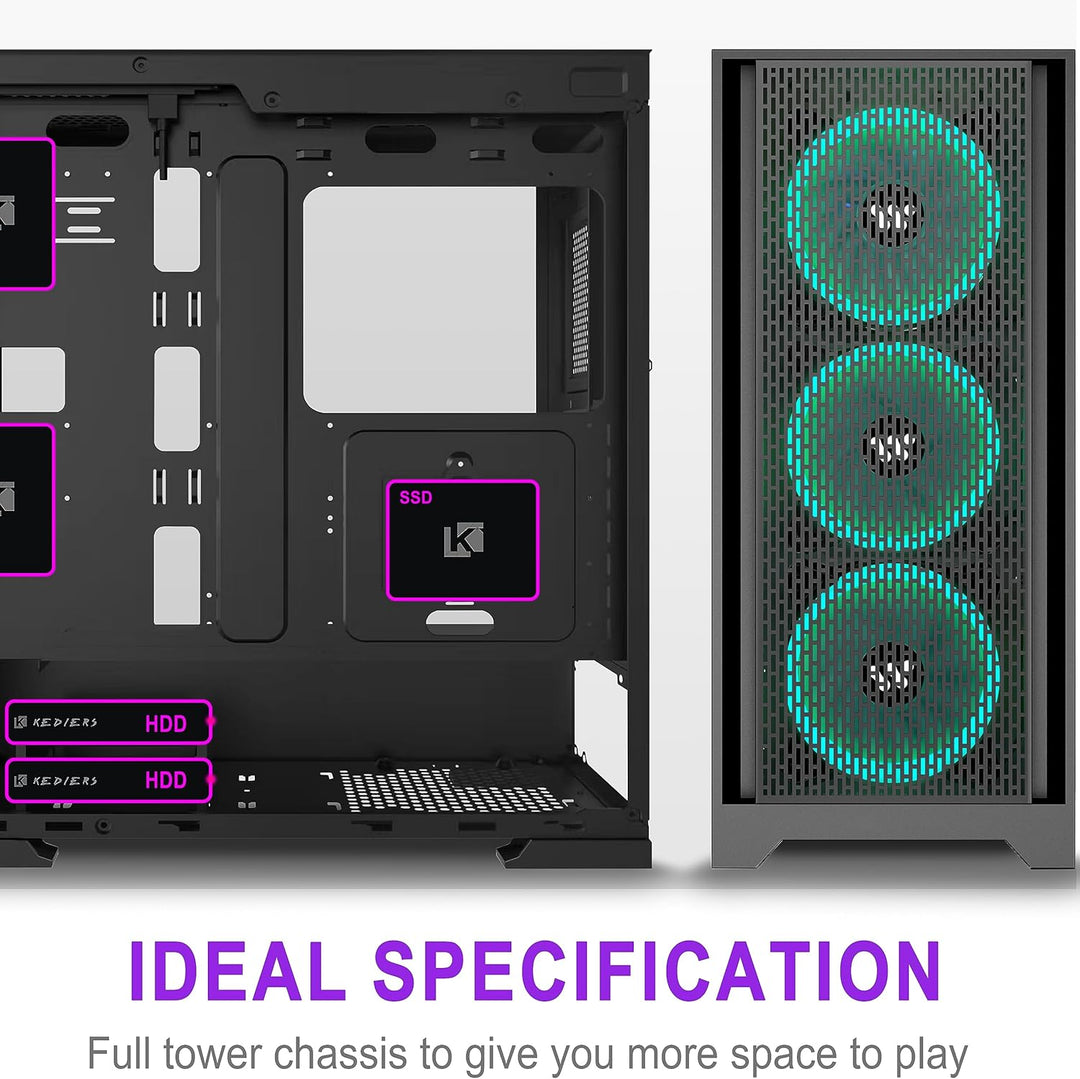 KEDIERS PC Gehäuse - Vorinstallierte 7 PWM ARGB lüfter, E-ATX Tower Gehäuse aus gehärtetem Glas, Sch