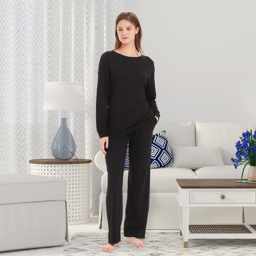 Mnamo Damen Schlafanzug Weich Gestricktes Pyjama Set Gemütliche Nachtwäsche Baumwolle und Modal Atmu