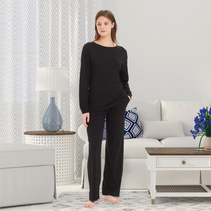 Mnamo Damen Schlafanzug Weich Gestricktes Pyjama Set Gemütliche Nachtwäsche Baumwolle und Modal Atmu