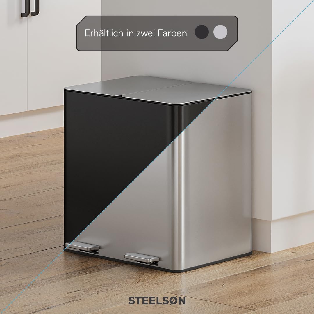 STEELSØN Gloas Mülleimer 2 Fächer – Mülltrennsystem Küche 2x15 L aus Edelstahl Silber – Tretmülleime
