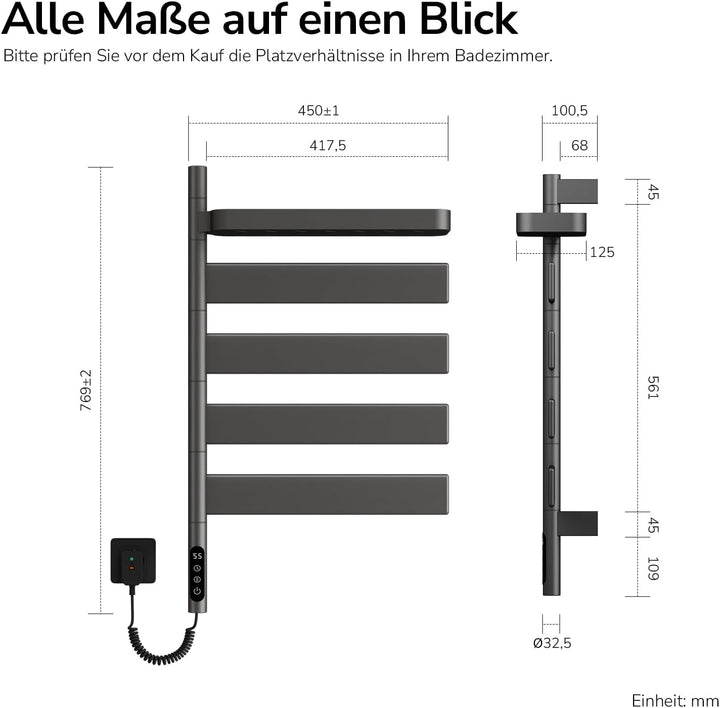EMKE Elektrischer Handtuchheizkörper 769x450 mm, 180° schwenkbarer Badheizkörper mit WiFi-App-Steuer