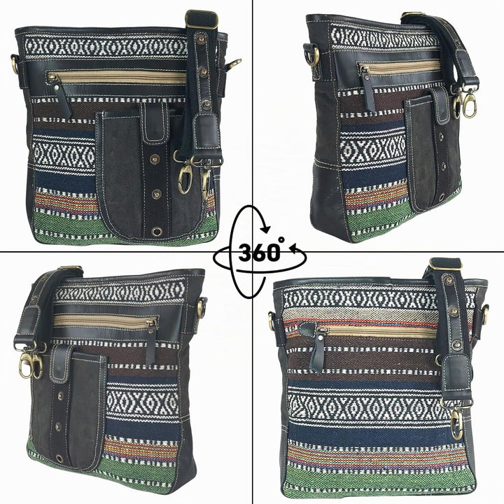 Sunsa Damen Umhängetasche. Crossbody Bag mit Streifen Design. Schultertasche aus Baumwolle &amp; Leder.