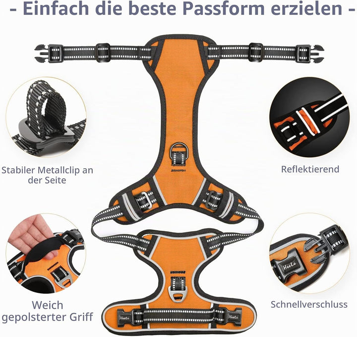 HEELE Hundegeschirr, Geschirr für Grosse Hunde Anti Zug mit Griff, Orange, L | Hundegeschirr Reflekt