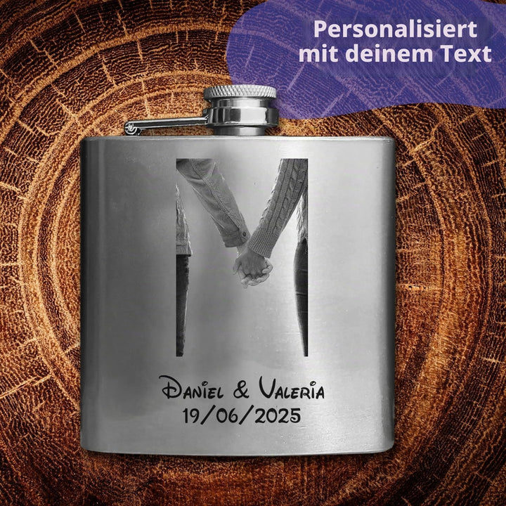 Edelstahl-Flachmann, personalisiert mit Ihrem Foto und Text, 175 ml, Lasergravur.