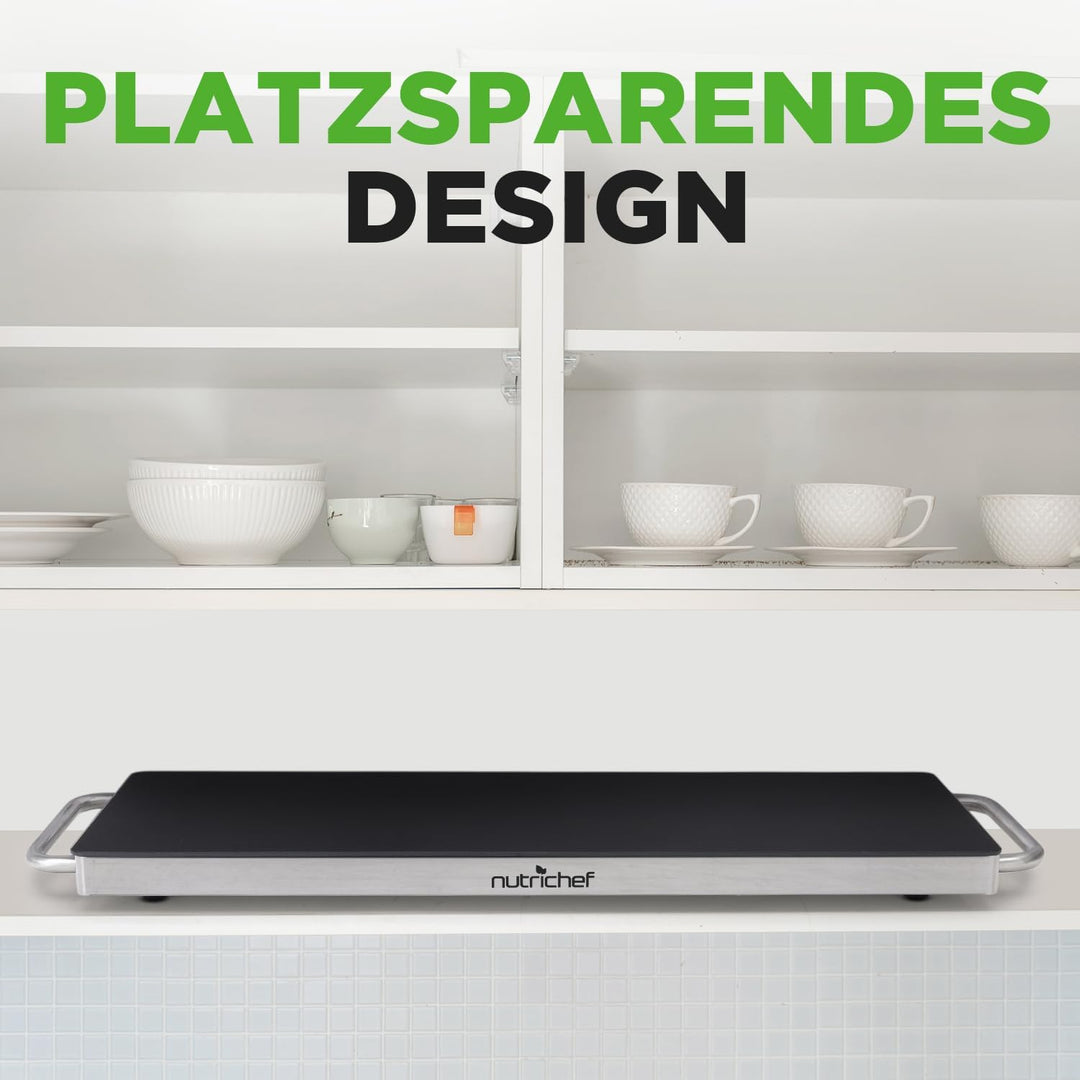 NutriChef Warmhalteplatte Elektrisch – 56,9 × 17 cm Glas-Kochplatte mit Griffen für Speisen, Für Buf