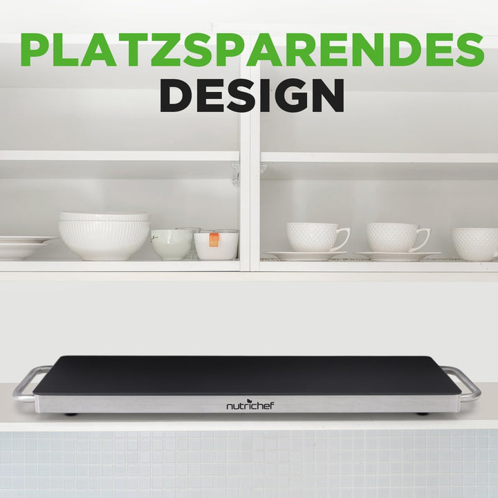 NutriChef Warmhalteplatte Elektrisch – 56,9 × 17 cm Glas-Kochplatte mit Griffen für Speisen, Für Buf