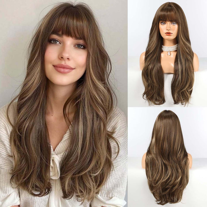 HAIRCUBE Lange braune Perücke mit blonden Strähnchen und Pony, 55,9 cm, gestufte lockige Perücken fü