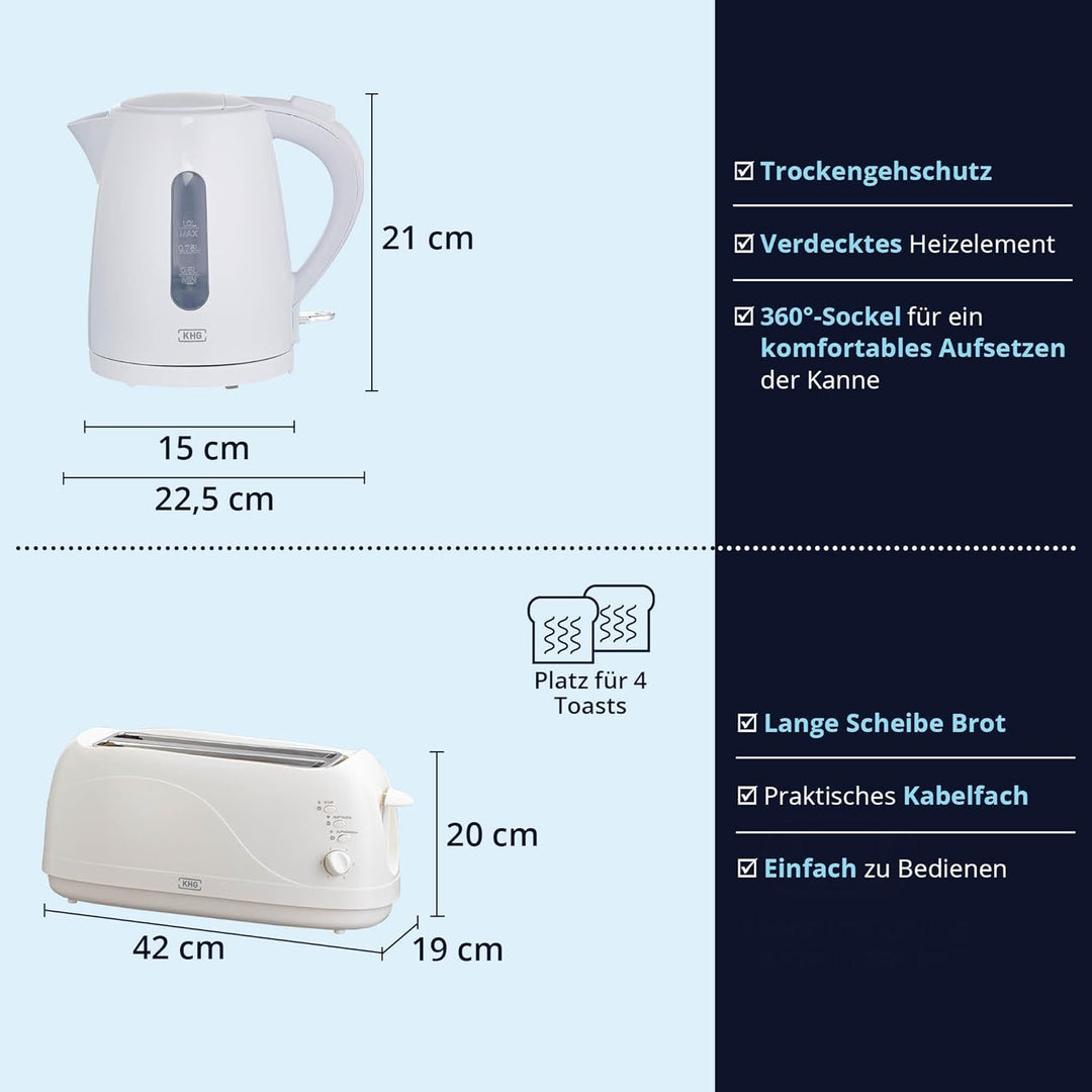 KHG Frühstücksset Weiss| Toaster 4 Scheiben Langschlitztoaster mit Brötchenaufsatz, 6 Bräunungsstufe
