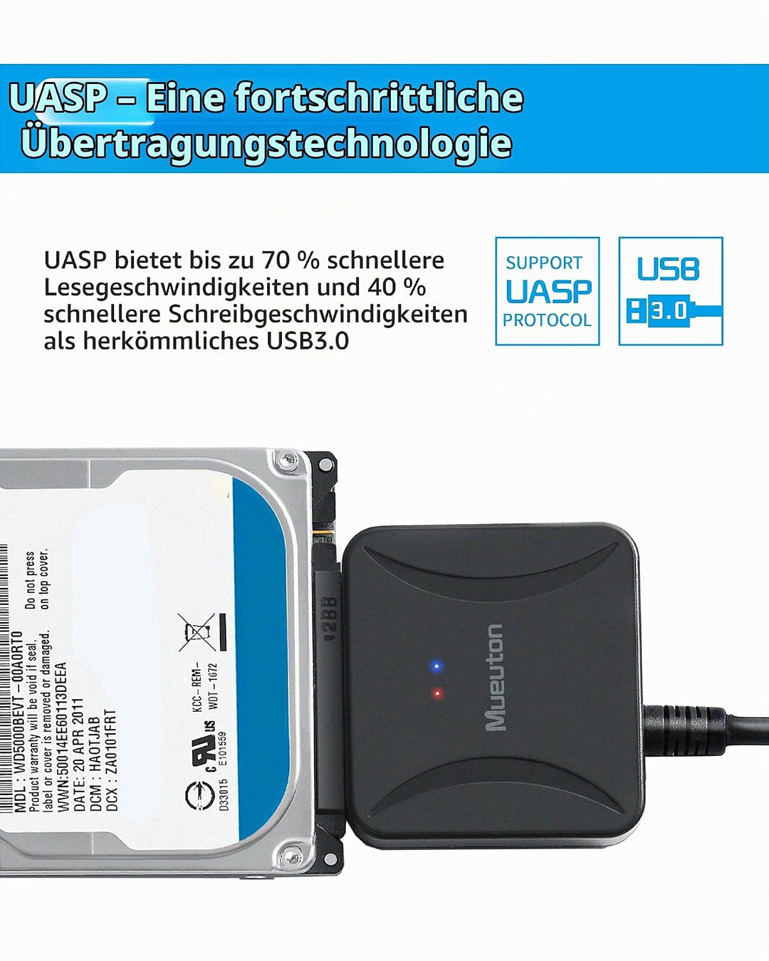 Mueuton SATA USB Adapter, USB 3.0 auf SATA III Festplattenadapter für 2,5 Zoll / 3,5 Zoll HDD/SSD Fe