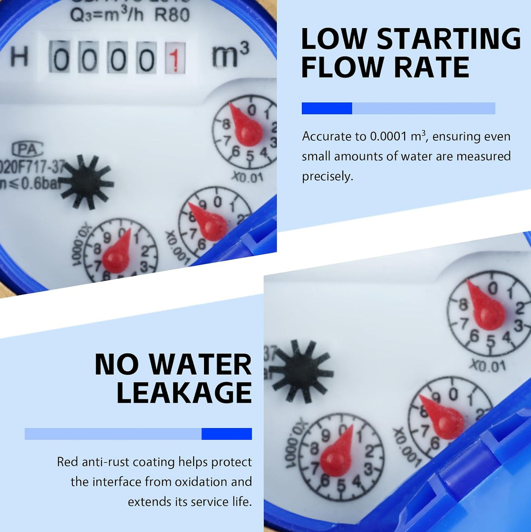 3/4" BSP Wasserzähler für Kaltwasser | DN20 Mechanischer Wasserzähler mit Messingkupplungen, Kubikme