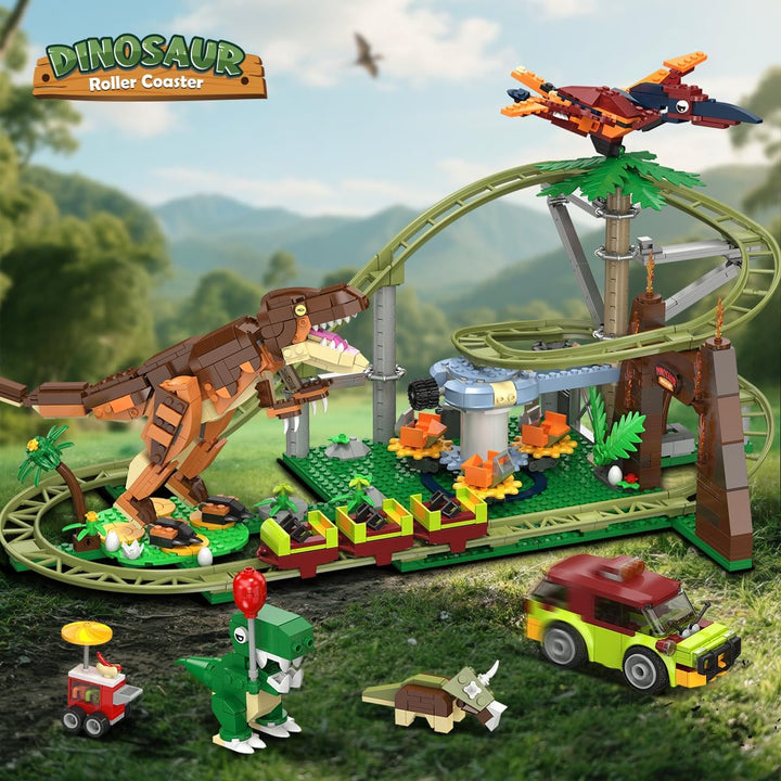 HOGOKIDS Dinosaurier Achterbahn Bausteine Spielzeug – 1222pcs Achterbahn Bauspielzeug mit 4 Dinosaur
