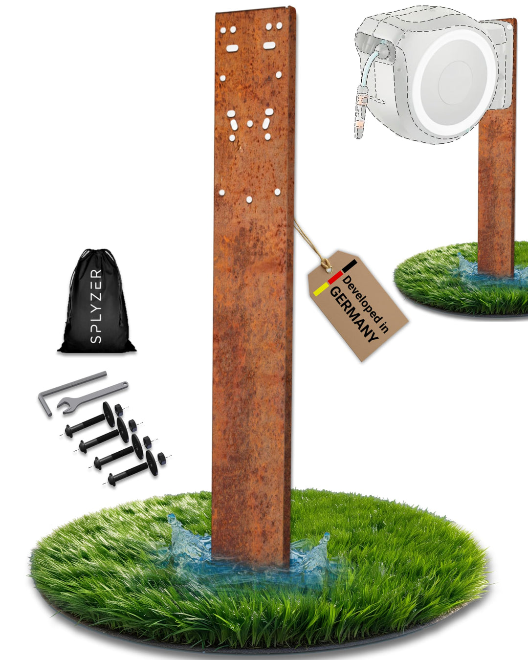 Schlauchbox Halterung zur Bodenmontage – Kompatibel mit GARDENA® Schlauchboxen & Gartenschlauch Trom
