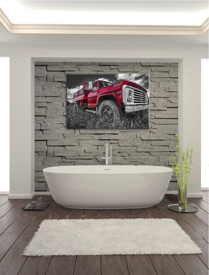 Pixxprint Truck in USA auf Blumenwiese 100x70cm Leinwandbild Wandbild Kunstdruck, 100x70