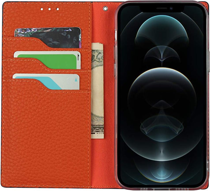 Brieftasche Hülle für iPhone 12/12 Pro, Litschi Genarbtes Echtleder Hülle [Kartenfächer] [Standfunkt