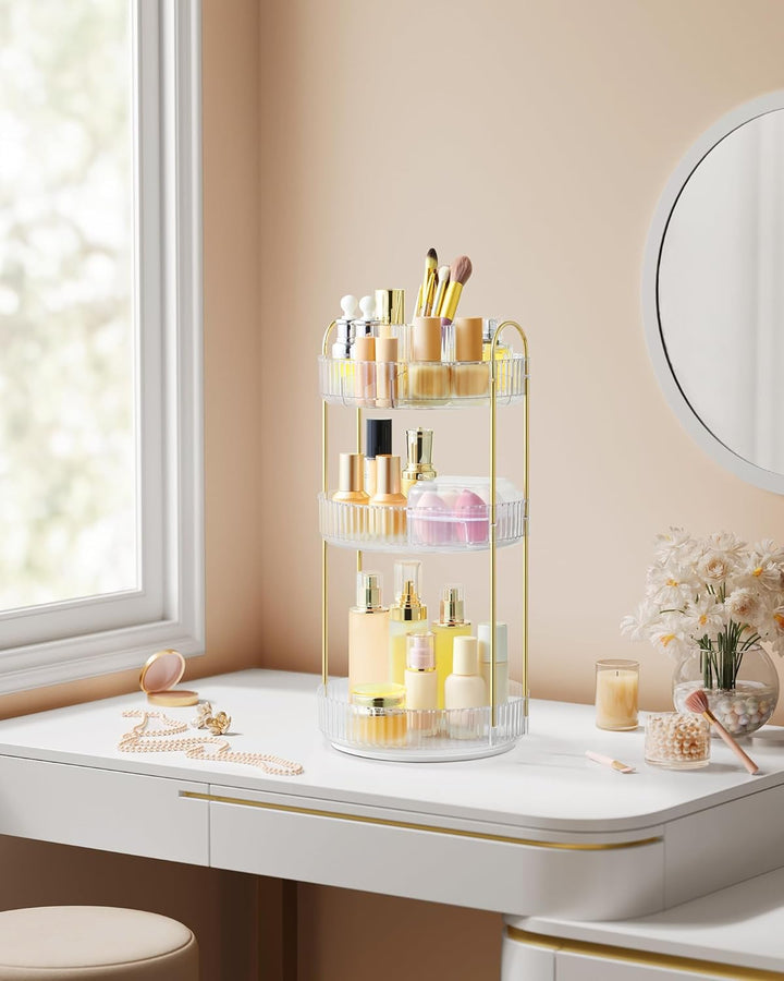 SONGMICS Make-up Organizer drehbar, Kosmetik-Organizer rund, 3 Ebenen, Kosmetik Aufbewahrung, anpass