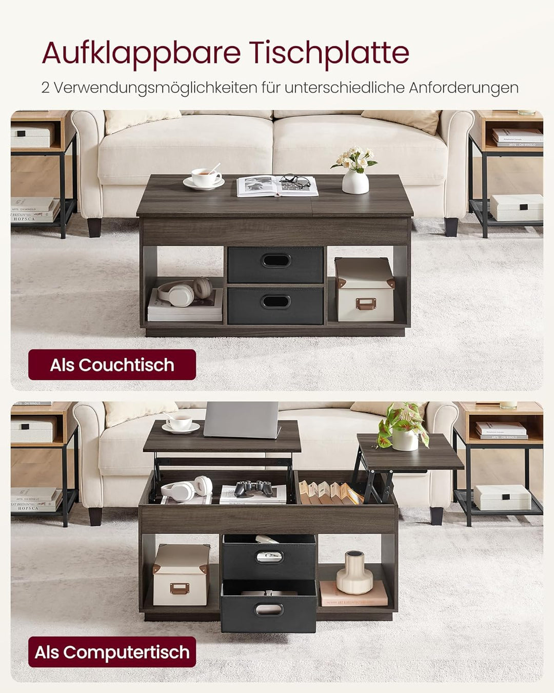 VASAGLE Couchtisch, höhenverstellbarer Wohnzimmertisch, 2 Schubladen und versteckte Fächer, Kaffeeti