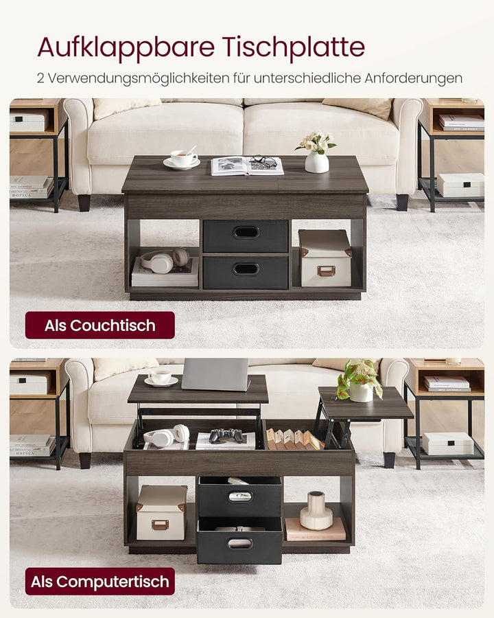 VASAGLE Couchtisch, höhenverstellbarer Wohnzimmertisch, 2 Schubladen und versteckte Fächer, Kaffeeti