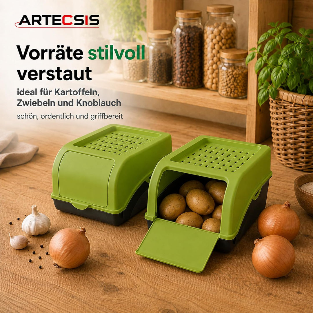 ARTECSIS Kartoffel Aufbewahrungsbox grün 2er Set I Gemüsebox Kartoffelbox mit Deckel für ca. 4 kg Ka