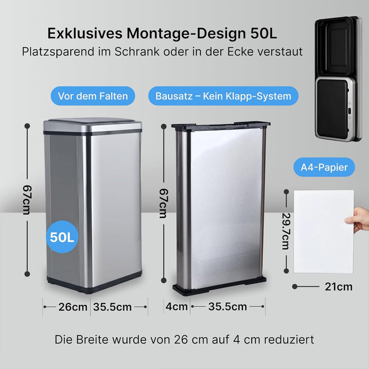Sensor Mülleimer 50L – Automatischer Abfalleimer Küche mit Deckel, Edelstahl, geruchsarm, leise, für