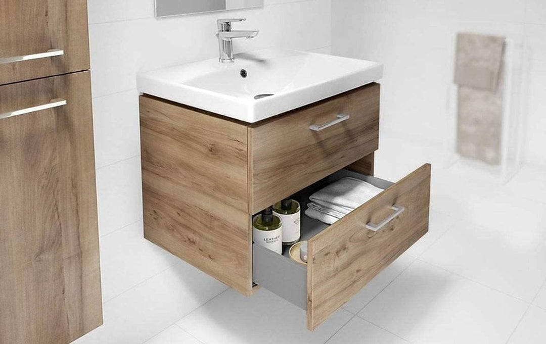 VBChome Waschbecken mit Unterschrank Nussbaum 60 cm mit Armatur und Pop Up ventil 2 Schubladen Weiss