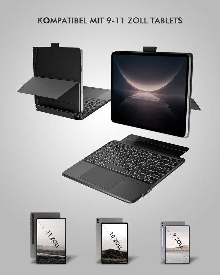 Doohoeek Tablet Tastatur Hülle für 9-11 Zoll, Abnehmbare Beleuchtete Bluetooth Tastatur mit Touchpad