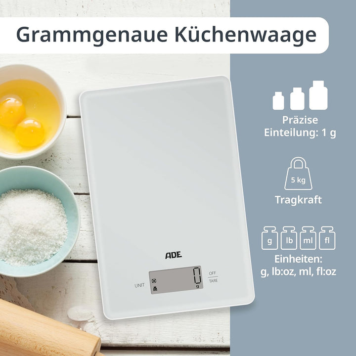 ADE Digitale Küchenwaage | präzise Grammwaage bis 5 kg | grosses Display | inkl. AAA Batterien | seh