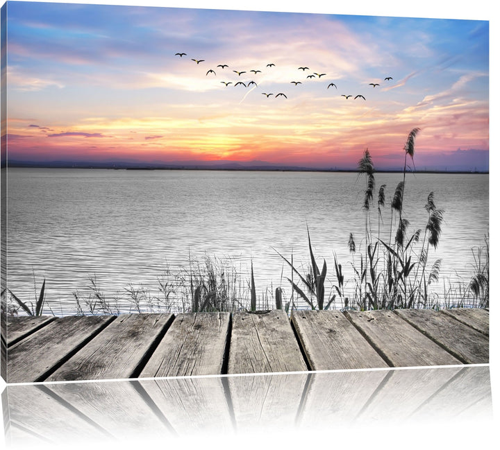 Steg mit Ausblick auf das Meer schwarz/weiss Format: 100x70 auf Leinwand, XXL riesige Bilder fertig