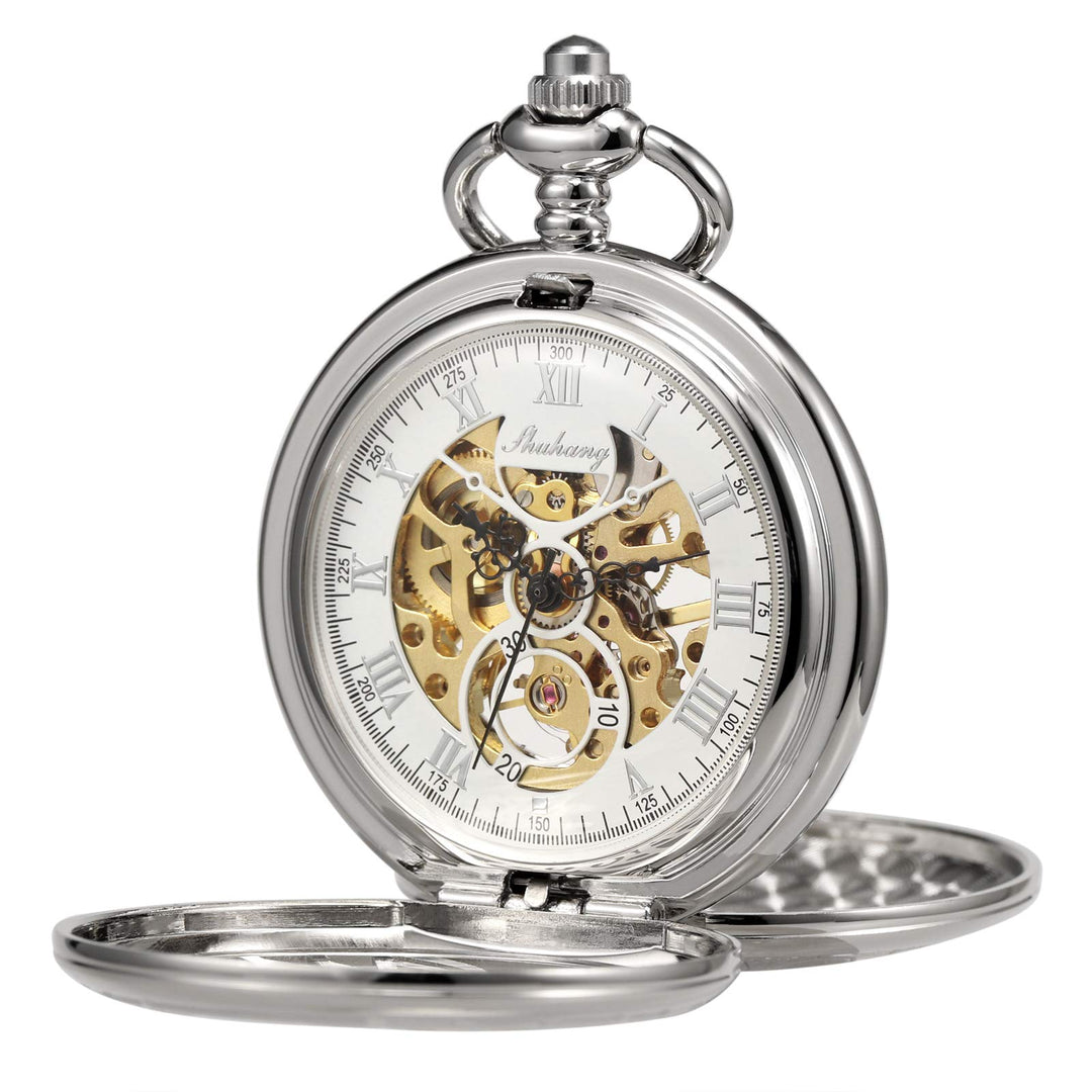 TREEWETO Unisex Taschenuhr mit Kette Analog Handaufzug Doppelscharnier Adler Skelett Römische Ziffer