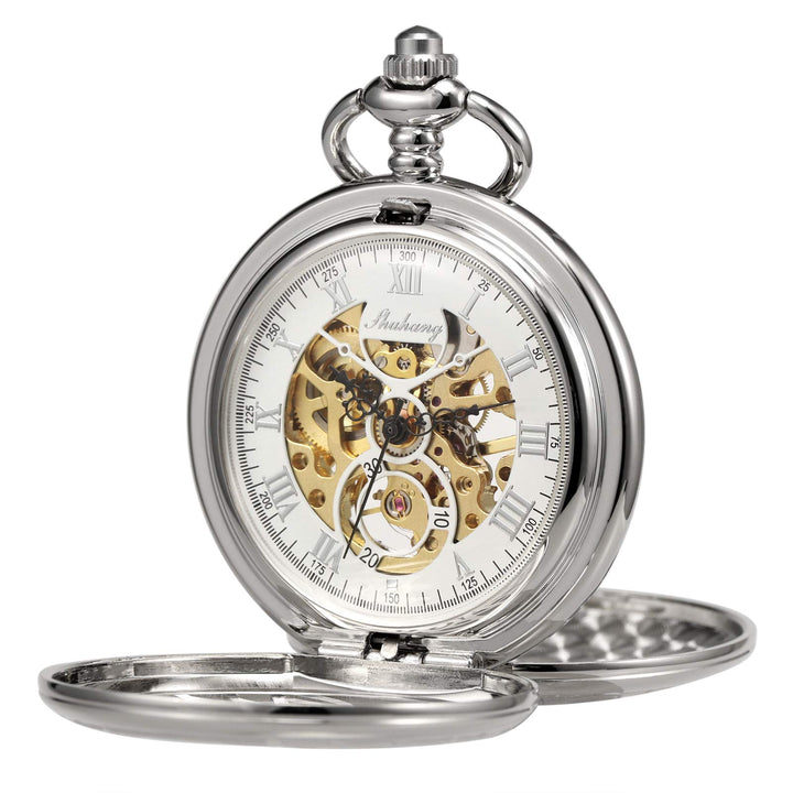 TREEWETO Unisex Taschenuhr mit Kette Analog Handaufzug Doppelscharnier Adler Skelett Römische Ziffer
