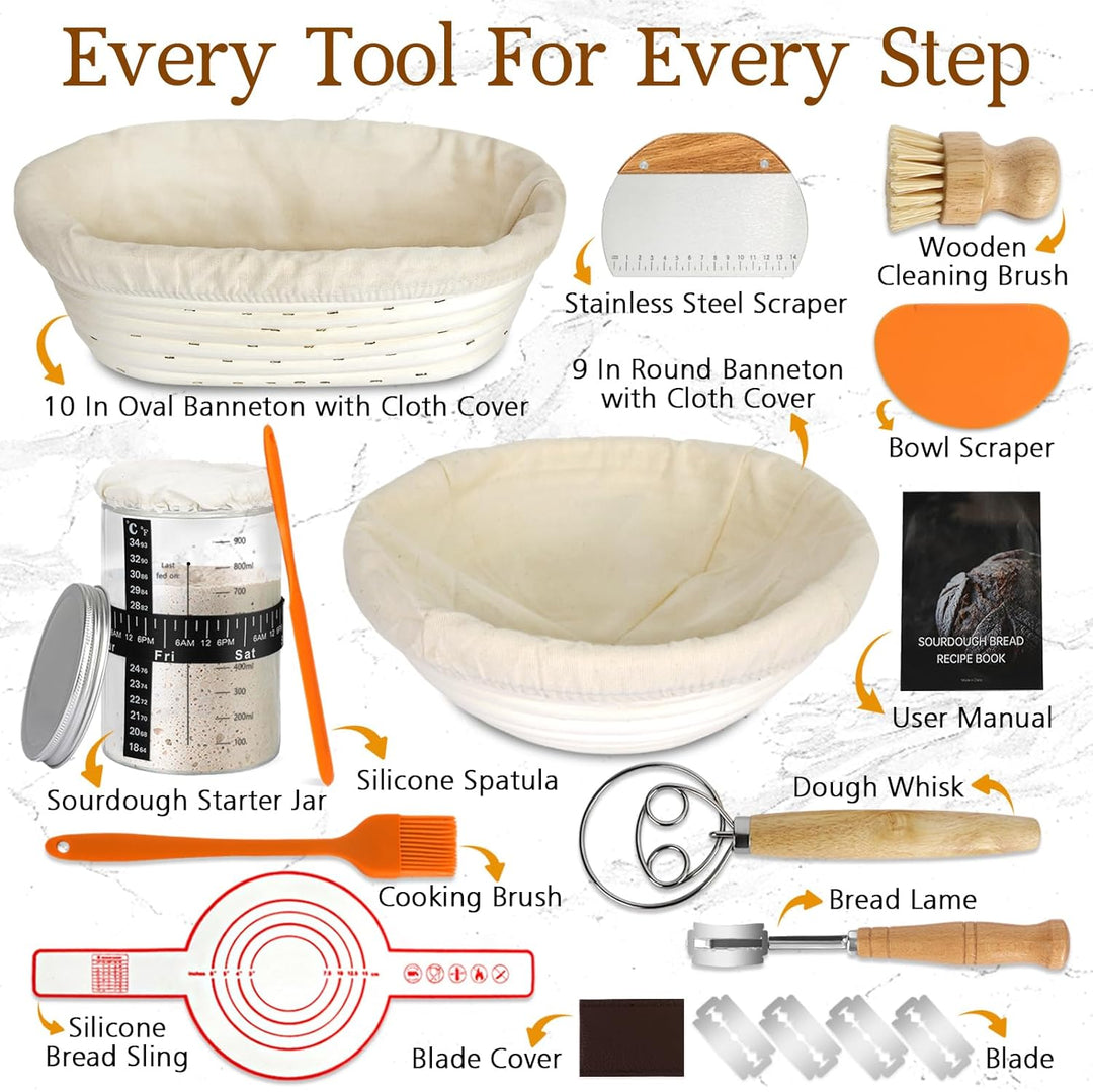 HMASYO Sauerteig Starter Set mit 2 Brot Gärkorb Set (23 & 25 cm) und Starterglas - Komplettes Sourdo