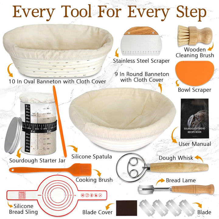 HMASYO Sauerteig Starter Set mit 2 Brot Gärkorb Set (23 & 25 cm) und Starterglas - Komplettes Sourdo