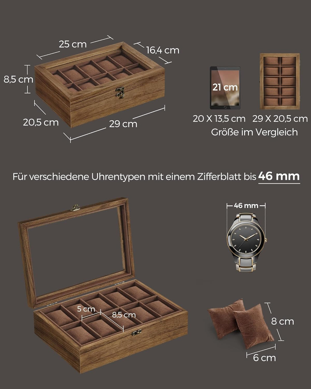 SONGMICS Uhrenbox mit 10 Fächern, Uhrenkasten aus Massivholz, mit Glasdeckel, Uhrenkissen, Geschenk