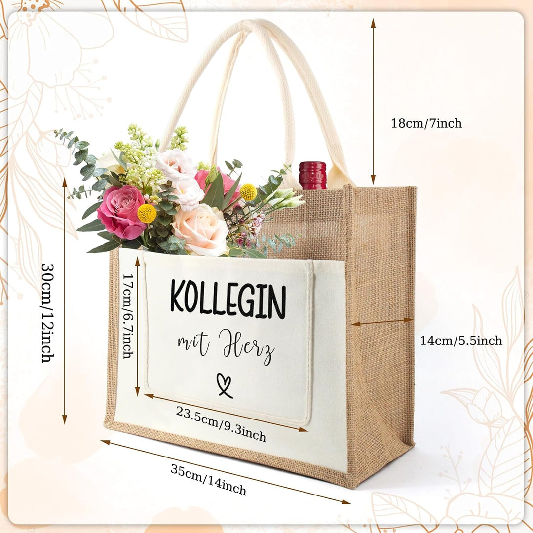 Jutetasche Kollege Geschenk Jute Shopper Bag, Jute Einkaufstasche mit Kollegin Herz, Jutebeutel als