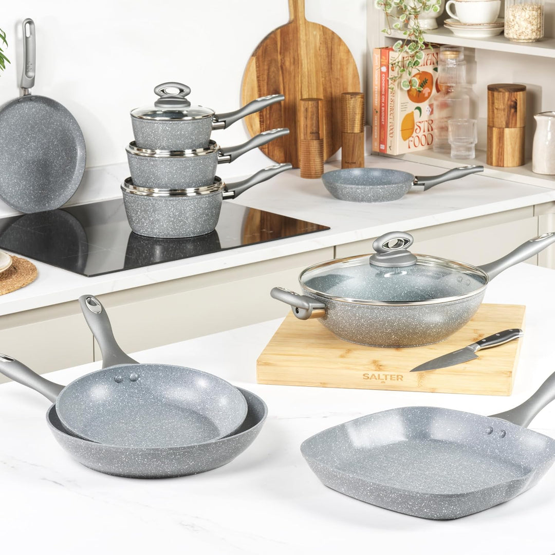 Salter BW02772G Marblestone 28cm Wokpfanne - Antihaftwok mit Deckel, PFOA-frei Wok, Spülmaschinenfes
