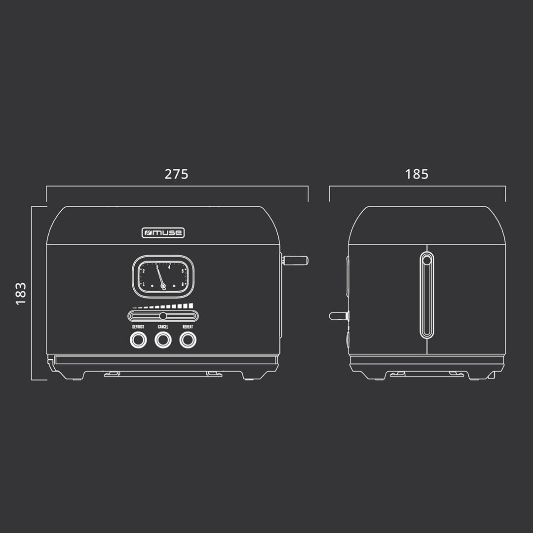 Muse Retro Toaster, 2 Scheiben, 6 Bräunungsstufen, analoge Anzeige, beleuchtete Tasten, Krümelschubl