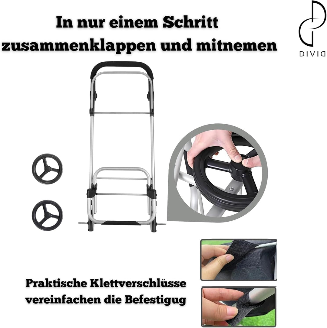 DIVID® Einkaufstrolley mit integrierter Sackkarre, 56LFassungsvermögen bis zu 50Kg belastbar,Klappba