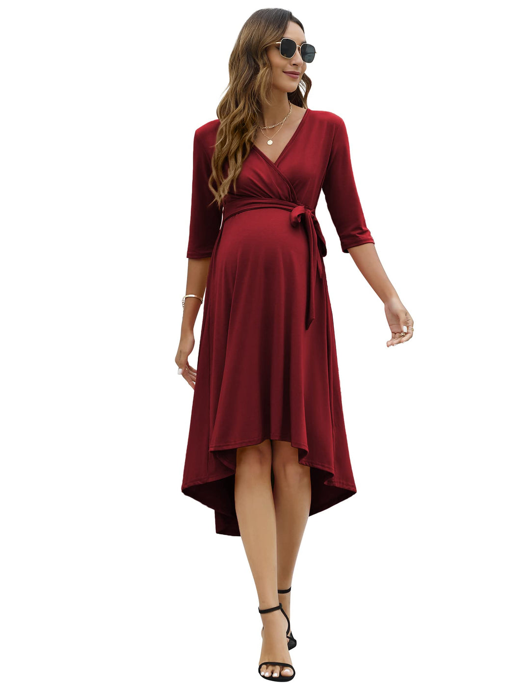KOJOOIN Damen Umstandskleid Festlich Stillkleid V-Ausschnitt 3/4 Ärmel Schwangerschaftskleid mit Tai