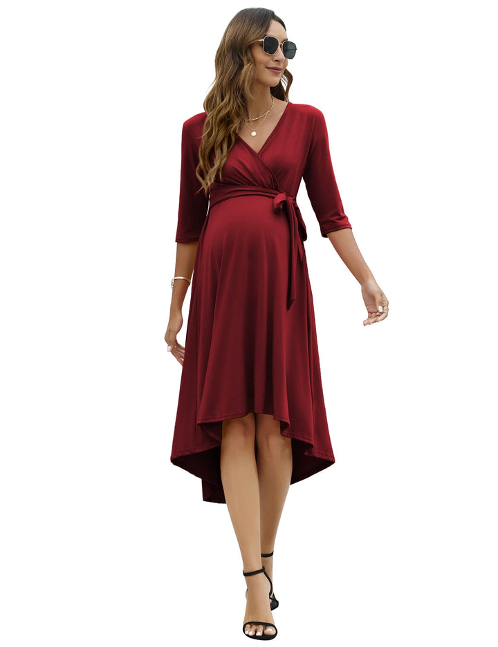 KOJOOIN Damen Umstandskleid Festlich Stillkleid V-Ausschnitt 3/4 Ärmel Schwangerschaftskleid mit Tai