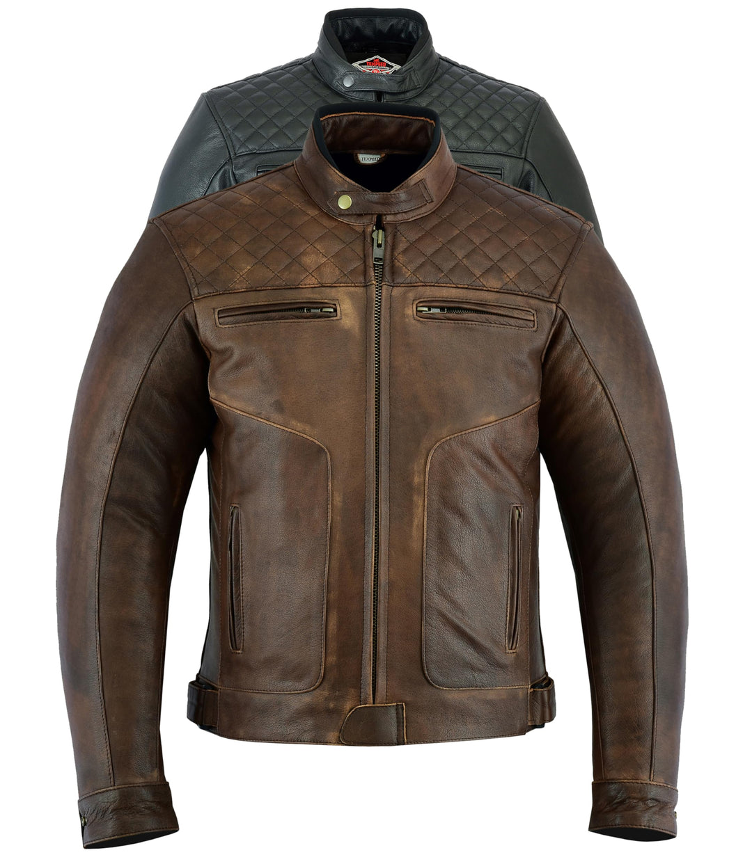 Texpeed Braun Motorrad lederjacke herren mit protektoren - Leder mit Rautensteppung - Motorrad Mit O