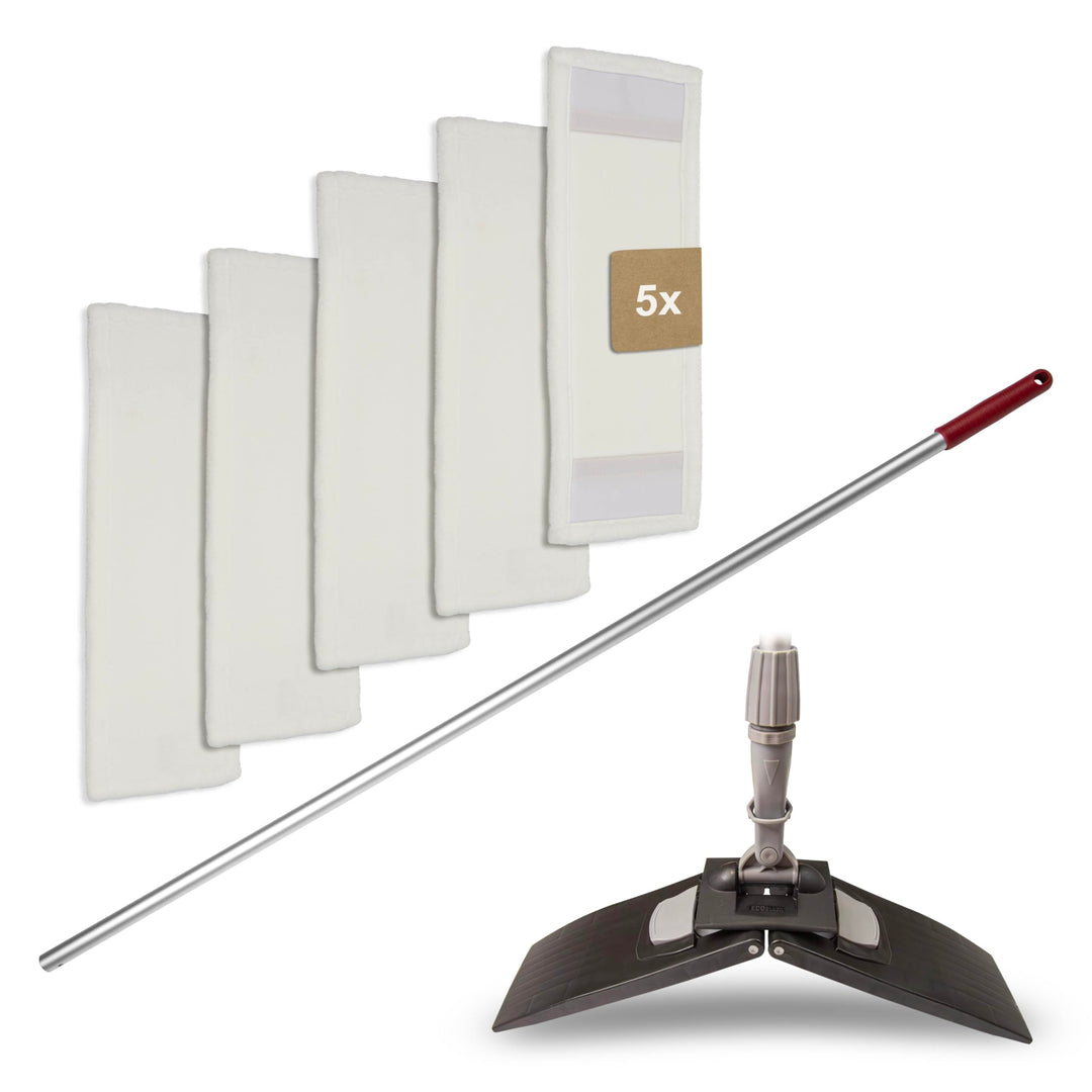 Bodenwischer Set Moppstange Aluminium mit Rändelhandgriff + Klapphalter & 5x Microfasermopp Bezug 50