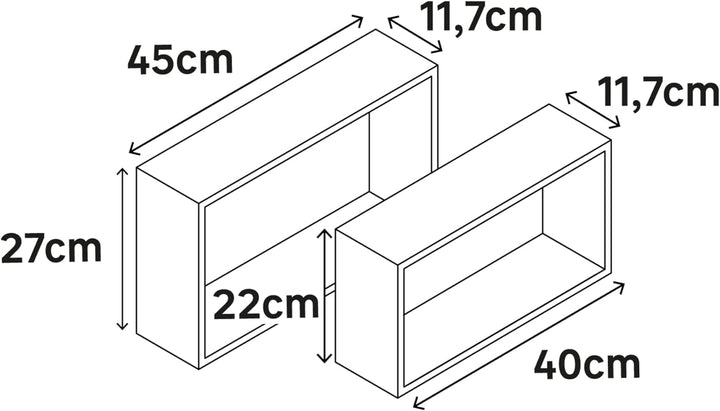 SPACEO - 2er-Set rechteckige Wandregale - Holz - Eiche - Matt - L. 27 x B. 45 x T. 11, 7 cm - L. 22