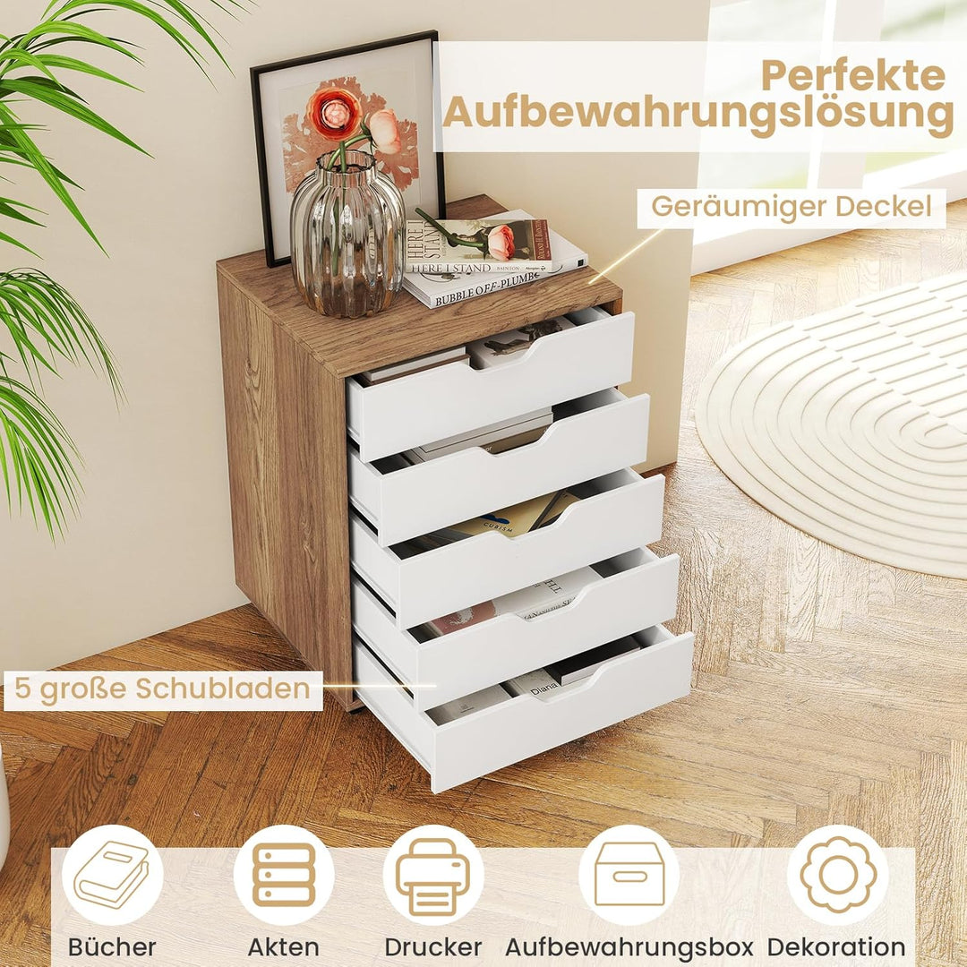GOPLUS Schubladenschrank mit Rollen, Rollcontainer mit 5 Schubladen, Griffmulden, mobiler Aktenschra
