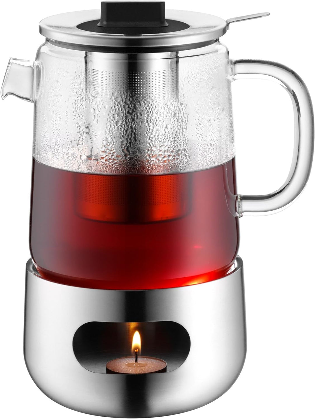 WMF SensiTea Teekanne mit Stövchen Set 3-teilig, Cromargan Edelstahl, Glaskanne 1,3l mit Siebeinsatz