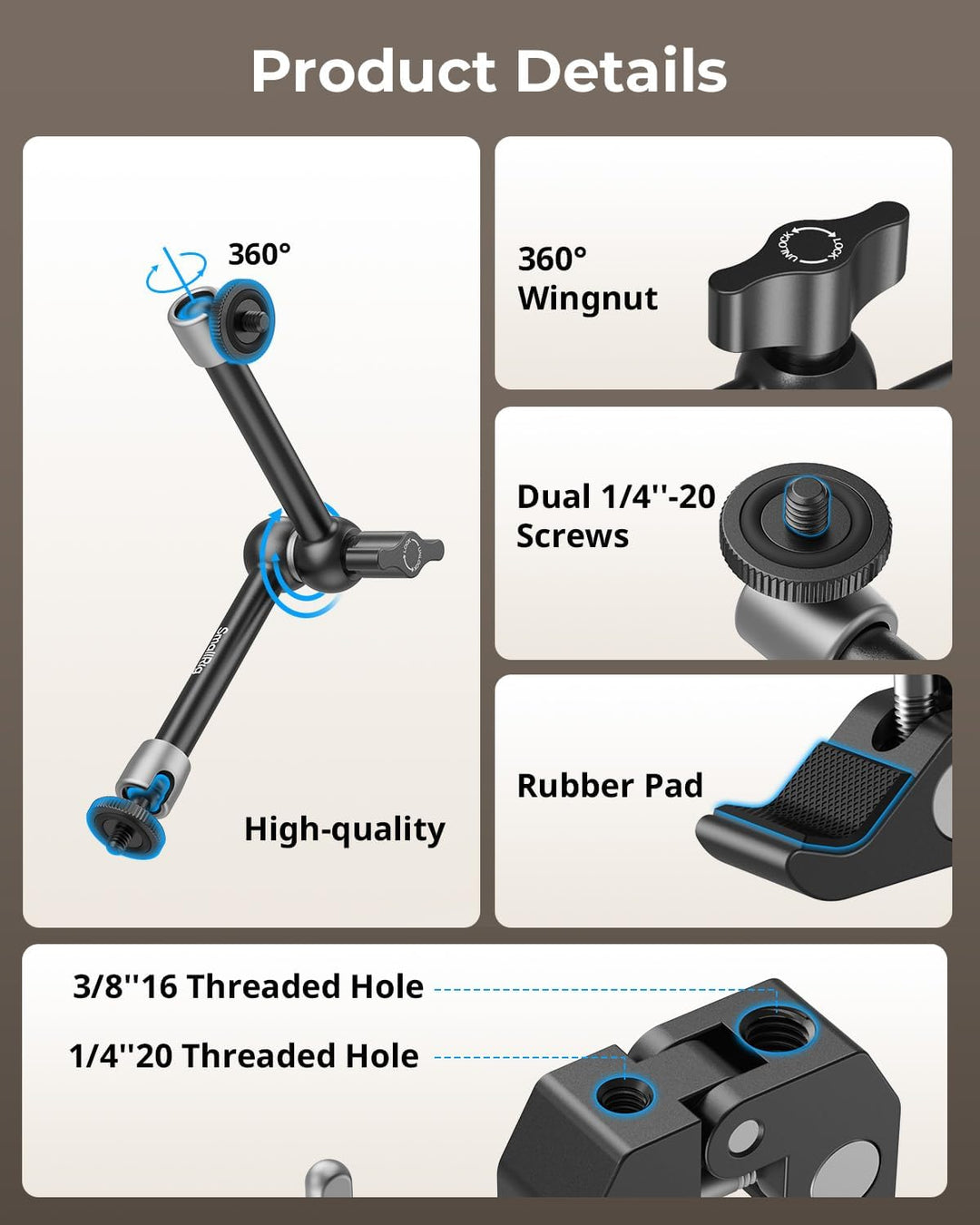 SmallRig Klemme mit 0,64 cm und 0,95 cm Gewinde und 24,8 cm verstellbarer Reibungsarm; Magischer Arm